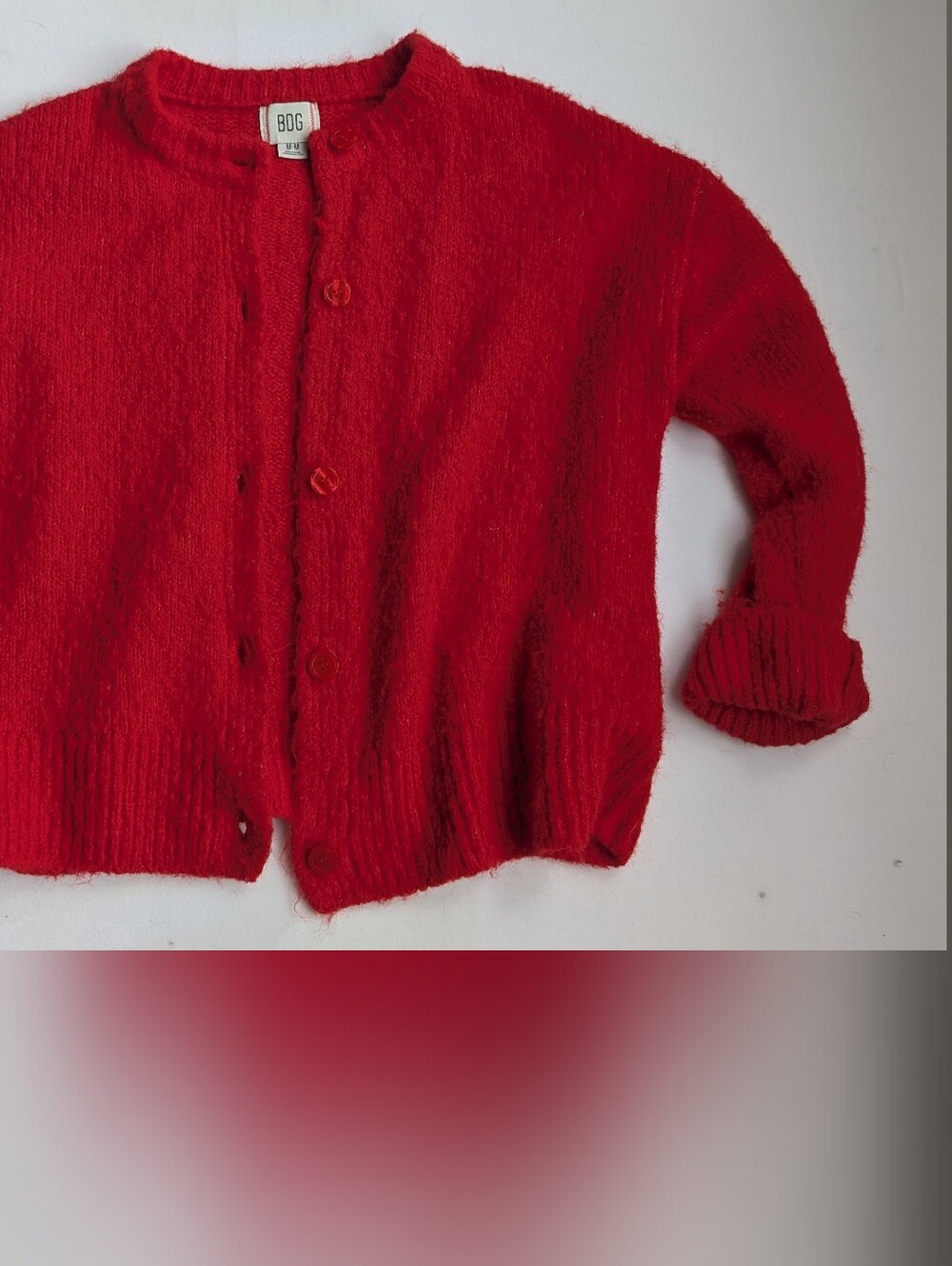 BDG Bright Red Fuzzy Button-Up Crewneck Cardigan Sweater